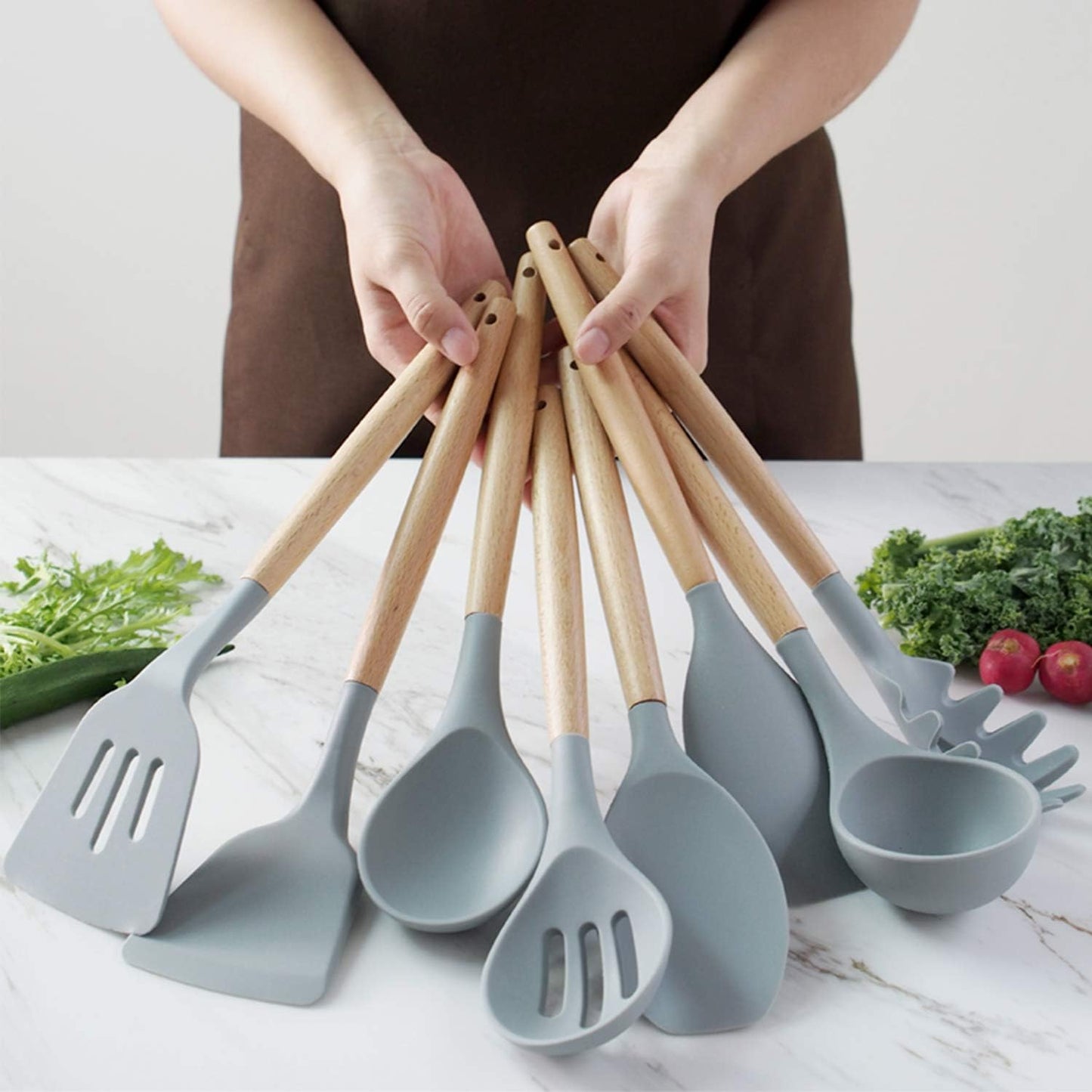 FXY Silicone Kitchen Utensils Set - 13 Piece Cooking Utensils with Wooden Handles - Non Stick Silicone Spatulas and Tools for Kitchen Gadgets (Grey)