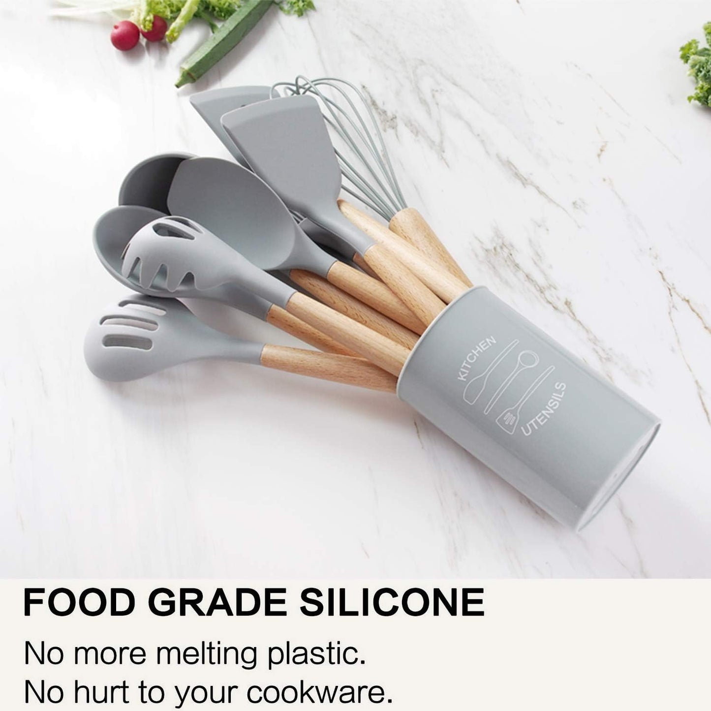 FXY Silicone Kitchen Utensils Set - 13 Piece Cooking Utensils with Wooden Handles - Non Stick Silicone Spatulas and Tools for Kitchen Gadgets (Grey)