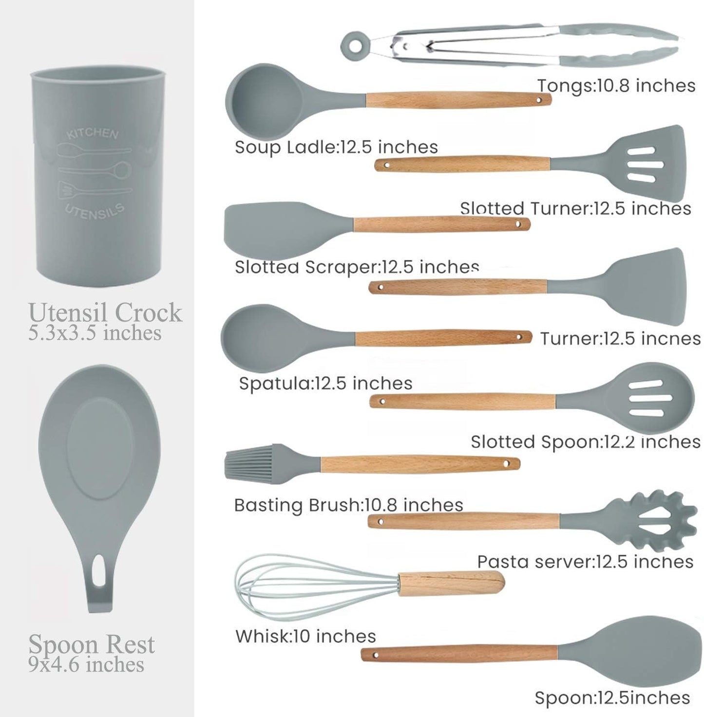 FXY Silicone Kitchen Utensils Set - 13 Piece Cooking Utensils with Wooden Handles - Non Stick Silicone Spatulas and Tools for Kitchen Gadgets (Grey)