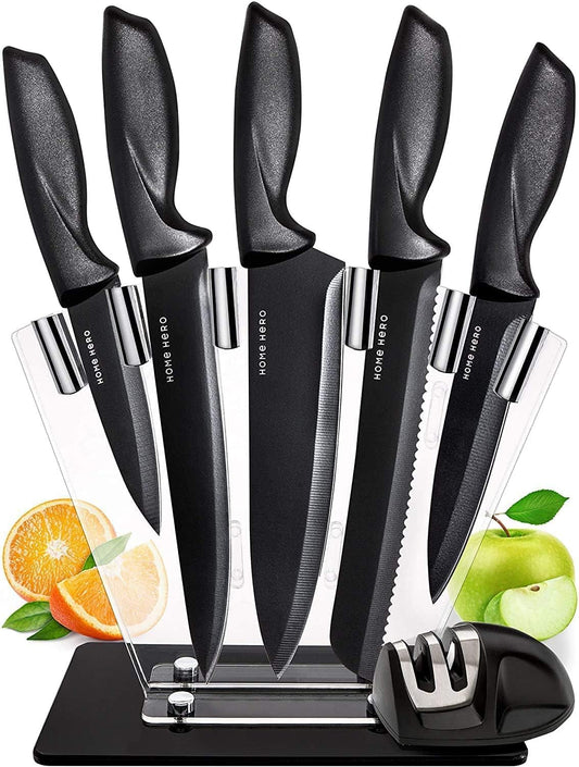 Home Hero Ultra-Sharp Stainless Steel Kitchen Knife Set - 7 Piece Chef Knives Set with Knife Block (Black)