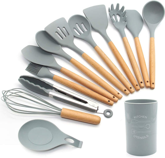 FXY Silicone Kitchen Utensils Set - 13 Piece Cooking Utensils with Wooden Handles - Non Stick Silicone Spatulas and Tools for Kitchen Gadgets (Grey)