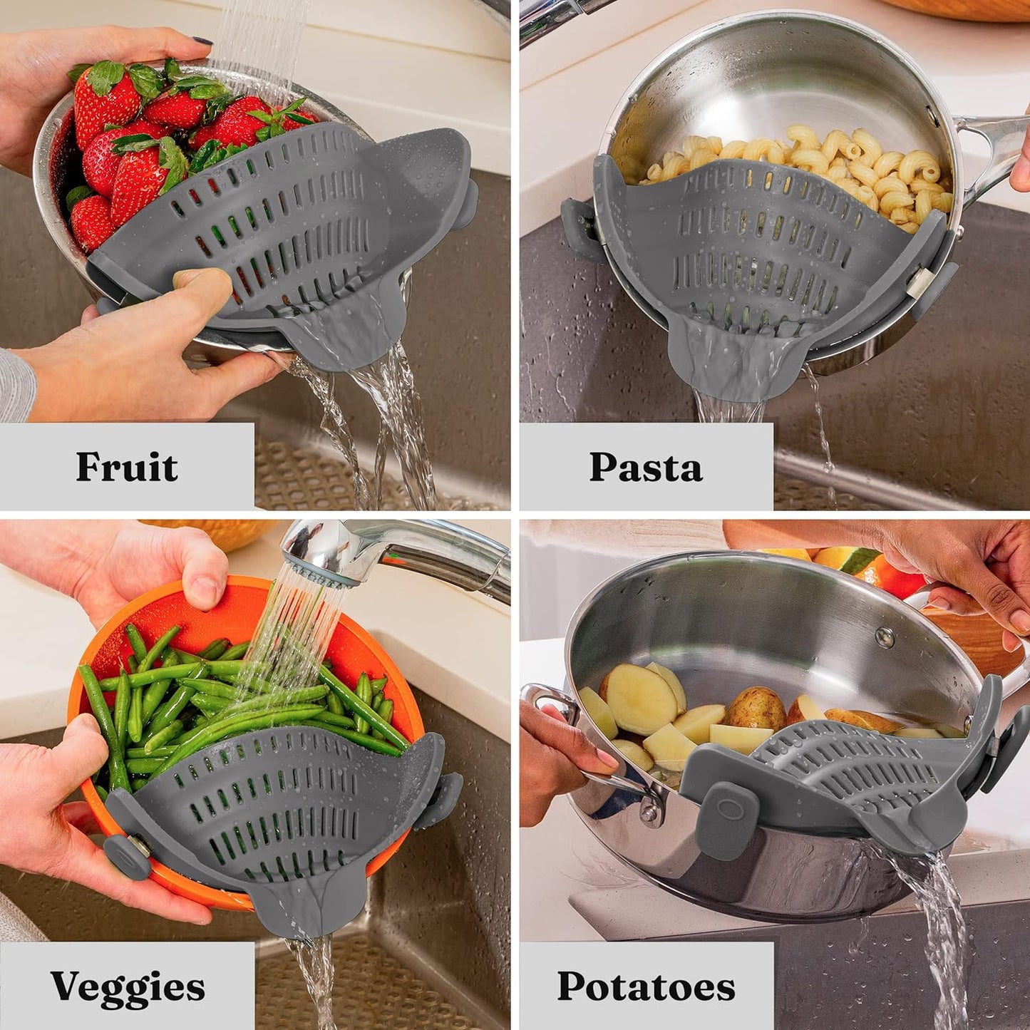 Kitchen Gizmo Snap N' Strain - Silicone Clip-On Pot Strainer, Heat Resistant Pasta and Vegetable Drainer - Essential Kitchen Gadget - Grey